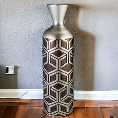 22" Brown and Silver Geometric Cylinder Polyresin Floor Vase N270-468954 22" Brown and Silver Geometric Cylinder Polyresin Floor Vase N270-468954