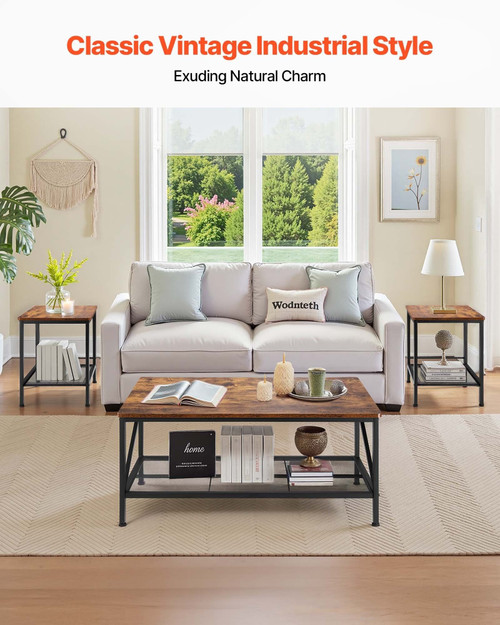 3 Pieces Living Room Table Sets, 41.3 in Industrial Coffee Table with 2 Square End Side Tables, Ea E415-KTZZTZTMFZWP7SOR6001V0