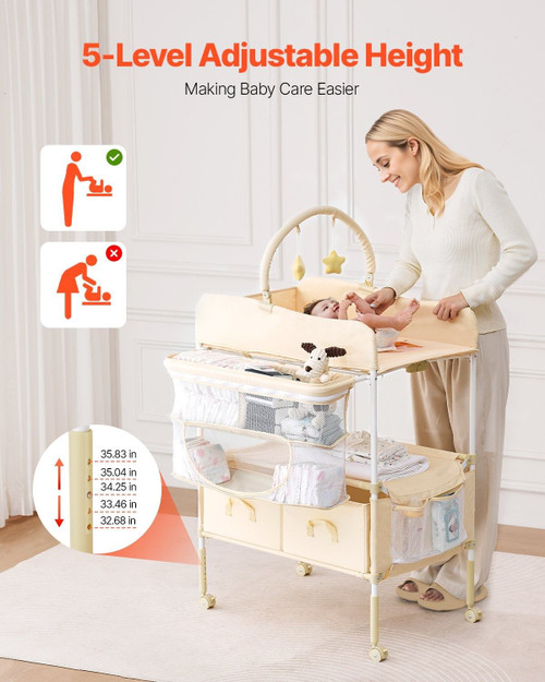  Baby Changing Table, Foldable Diaper Change Station with 2 Fabric Drawers, Side Basket & Hanging R E415-ZDNBTMSHXWDDEP23F001V0