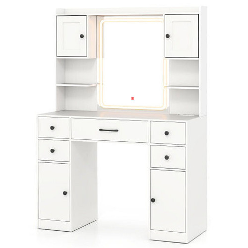 Makeup Vanity Desk with Lighted Mirror and Charging Station-White - Color: White D681-HU10929US-WH
