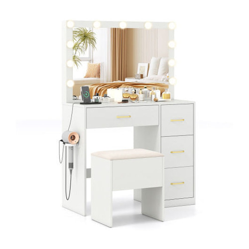 Vanity Desk with Mirror and Lights Makeup Dressing Table with Power Outlets-White - Color: White D681-JV13117WH