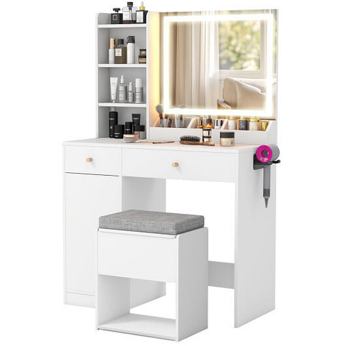 Vanity Dressing Table and Chair Set with Mirror and Lights-White - Color: White D681-HU10935US-WH+