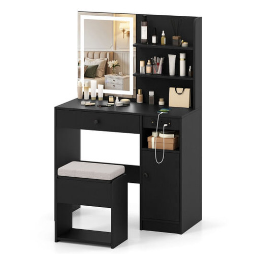Vanity Desk with Mirror and Lights-Black - Color: Black D681-HU10763USDK+