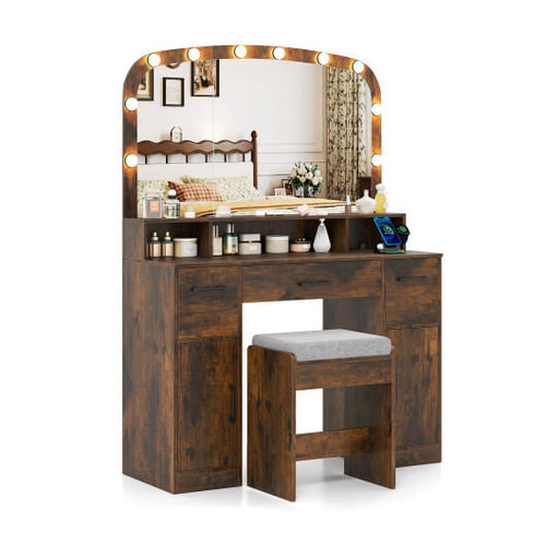 Vanity Desk Makeup Table with Stool 3-Color Lights and Charging Station-Rustic Brown - Color: Rusti D681-HU11089US-CF+