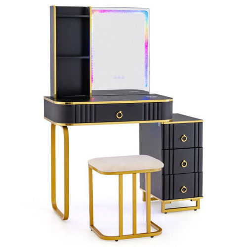 Vanity Table Set with RGB LED Lights and Wireless Charging Station-Black - Color: Black D681-HU10617US-BK