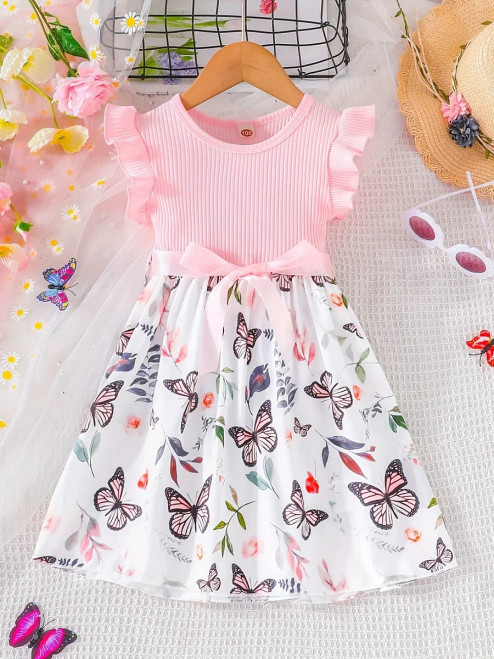 Color: Pink, Kid Size: 7T - Set For Kids  Girl 3-7 Years old Ruffled Sleeve Butterfly Floral Tulle  F640-12000046711635060