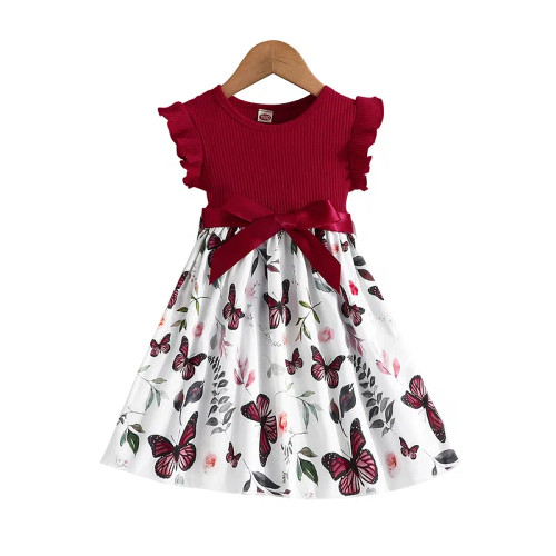 Color: Red, Kid Size: 7T - Set For Kids  Girl 3-7 Years old Ruffled Sleeve Butterfly Floral Tulle C F640-12000038266976051