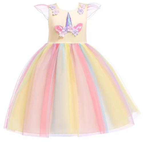 Color: Khaki, Kid Size: 5 - Kids Unicorn Dress for Girls Party Dresses Flower Appliques Ball Gown L F640-12000029057838038