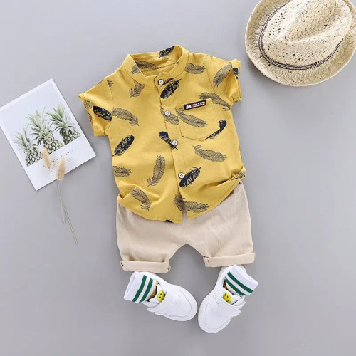 Color: Yellow, Kid Size: newborn - 0-3 Year Old Baby Summer Feather Print Shirt Short Sleeve Suit F640-12000033989631785