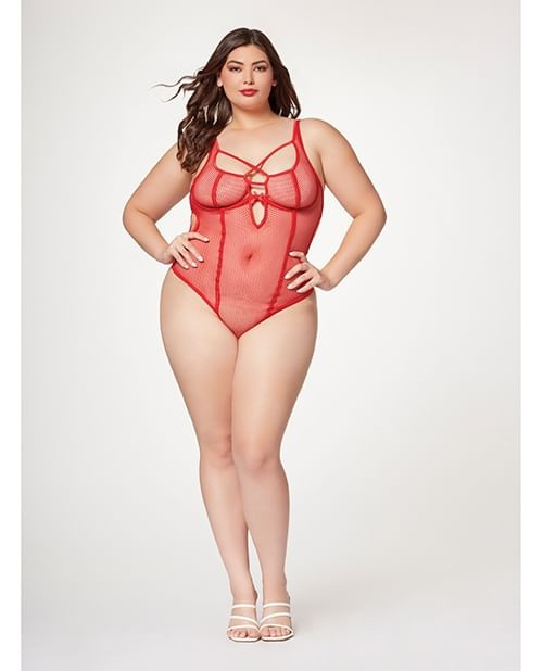 Fishnet Strappy High Cut Leg Teddy Red 1X/2X X615-STH11495-RD-X2