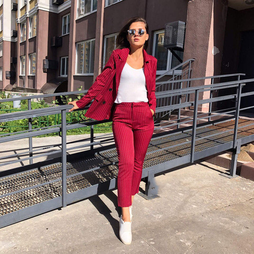 Color: Red, Size: L - Work Pants Suit OL Piece Set Double-breasted Stripes Q119-CJTZ122111011KP