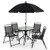 6 Pieces Patio Dining Set Folding Chairs Glass Table Tilt Umbrella for Garden-Gray - Color: Gray D681-NP10472GR