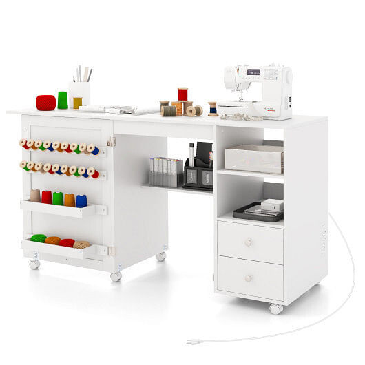 Folding Sewing Table with Charging Station and Storage Shelves-White B593-JV11550US+