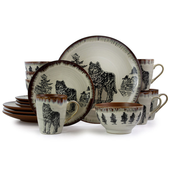 Elama Majestic Wolf 16 Piece Luxurious Stoneware Dinnerware with Complete Setting for 4 D970-EL-MAJESTICWOLF16