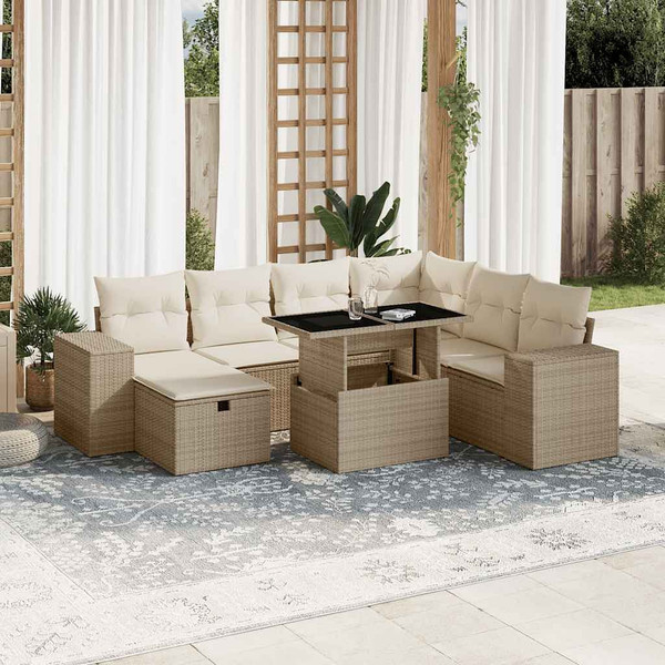  Garden Sofa Set Beige PE Rattan, Powder-coated Steel, Tempered Glass A949-3275318