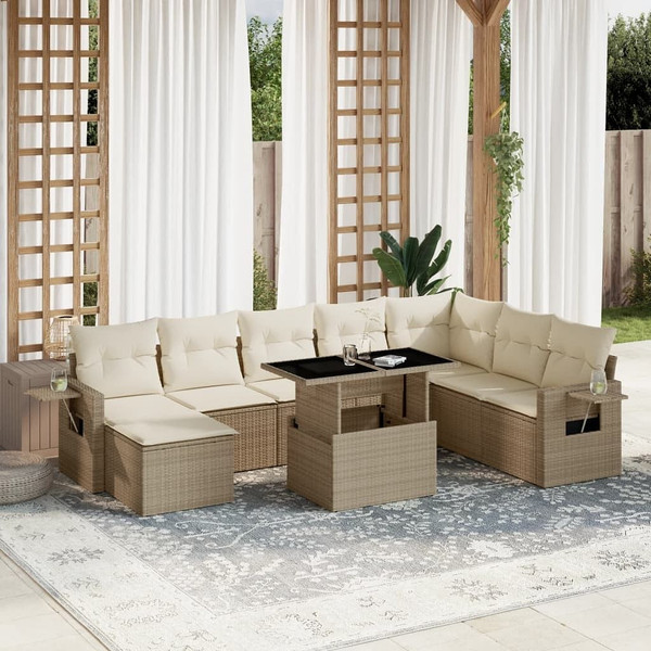  Garden Sofa Set Beige PE Rattan, Powder-coated Steel, Tempered Glass A949-3268098
