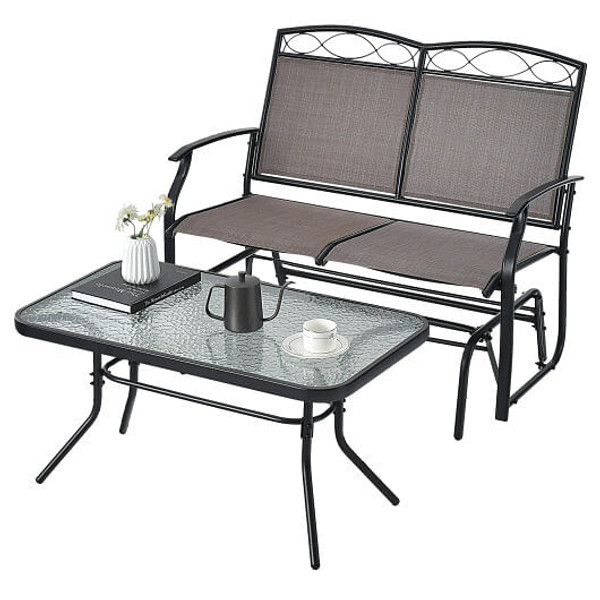 Outdoor Gliding Loveseat Chair with Tempered Glass Coffee Table-2 Pieces - Color: Brown D681-NP10952BN-1
