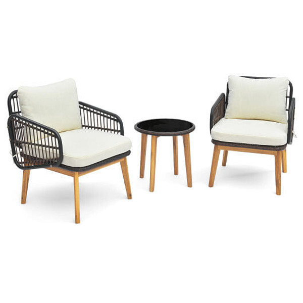 3 Pieces Patio Furniture Set with Cushioned Chairs and Tempered Glass Side Table-Black - Color: Bla D681-HW71613WH