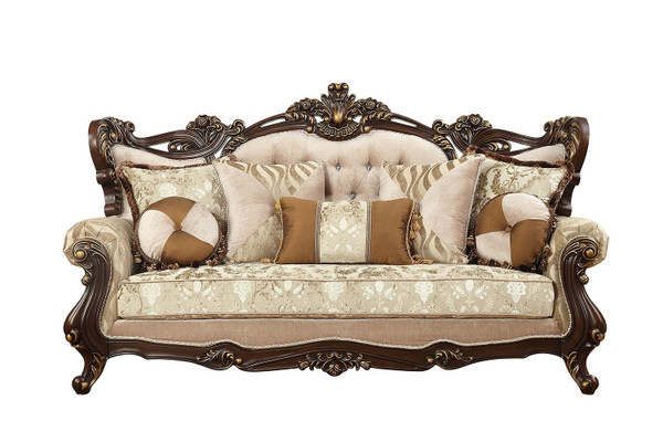 42" Beige Polyester Blend Curved Damask Sofa And Toss Pillows With Brown Legs N270-348225