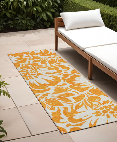 8' Runner Orange and White Floral Washable Non Skid Indoor Outdoor Runner Rug N270-562489