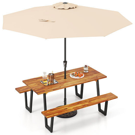 Outdoor Dining Table Set for 6 with 10 Feet Umbrella and Base D681-NP12259BE+OP2261+HW66265+