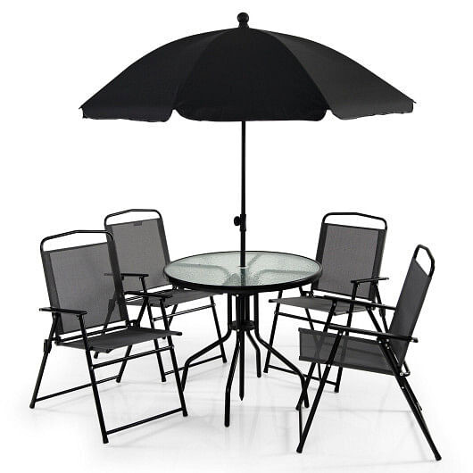 6 Pieces Patio Dining Set Folding Chairs Glass Table Tilt Umbrella for Garden-Gray - Color: Gray D681-NP10472GR