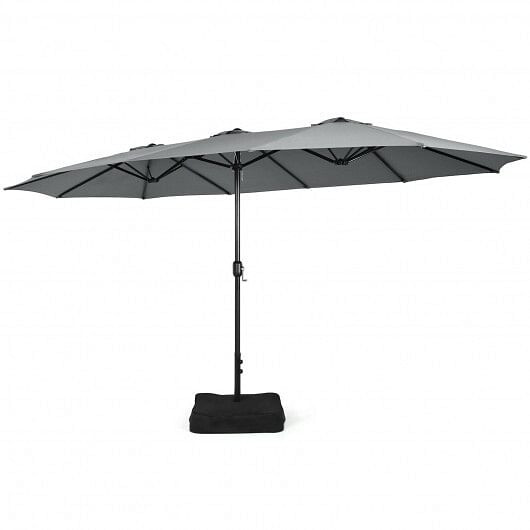 15 Feet Double-Sided Twin Patio Umbrella with Crank and Base-Gray - Color: Gray - Size: 15 ft D681-NP10209SL