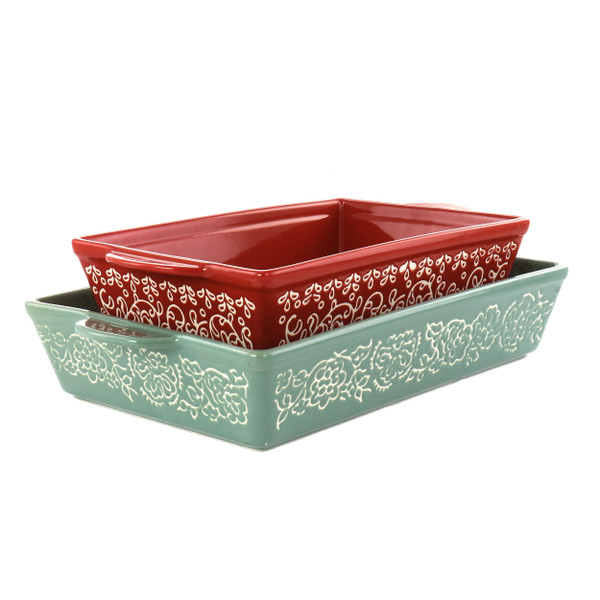 Laurie Gates 2 Piece Tierra Wax Relief Stoneware Baker Set in Red and Mint D970-136569.02