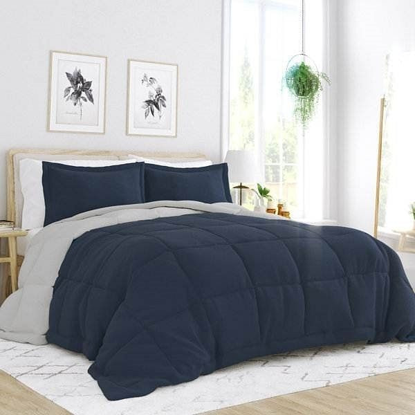 Full/Queen 3-Piece Microfiber Reversible Comforter Set in Navy Blue and Grey Q280-NAVP5610