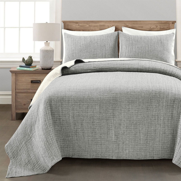 Full/Queen Size 3-Piece Reversible Cotton Yarn Woven Quilt Set in Grey Cream Q280-LDQF8862