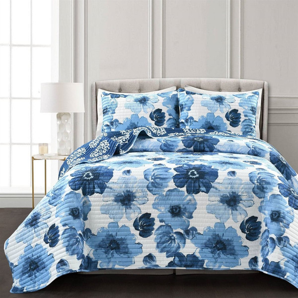 Full/Queen Blue Flowers Lightweight Polyester Microfiber Quilt Set Q280-BLLDQS12554