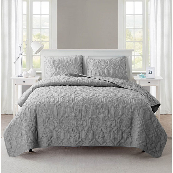 King Coastal Beach Embossed Starfish Seashell Seahorse Grey 3-Piece Quilt Set Q280-GRKNQS3612879541