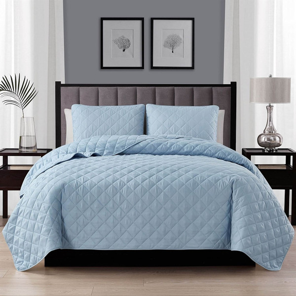 King/CAL King 3-Piece Light Blue Microfiber Reversible Diamond Quilt Set Q280-KIBL3211