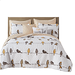 King size Yellow Brown Grey Floral Birds On Wire Lightweight 7 Piece Quilt Set Q280-THUD5788
