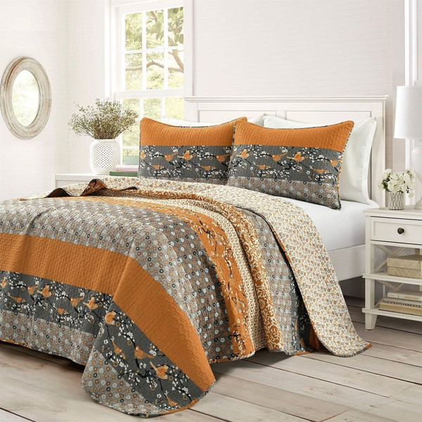 King size Orange Grey Boho Floral Birds Reversible Lightweight Quilt Set Q280-RFJUDE146544