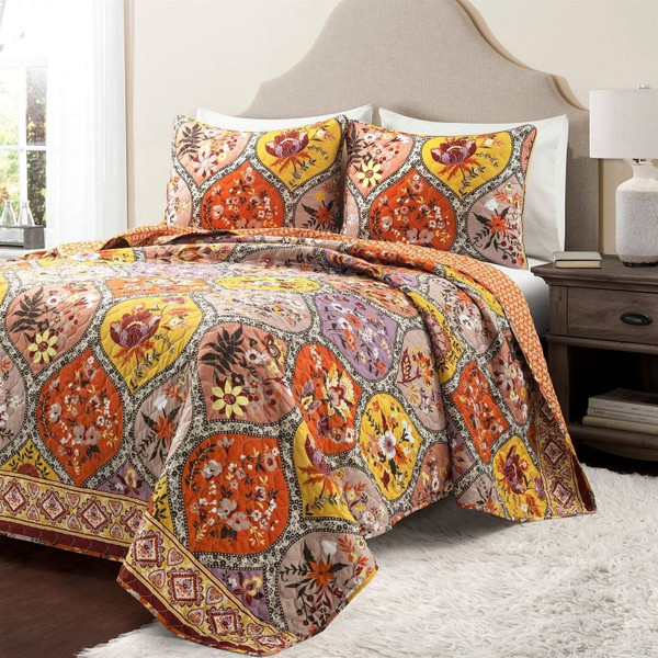 Full/Queen Boho Floral Lightweight Cotton Orange Mauve 3-Piece Quilt Set Q280-FQBOH65442