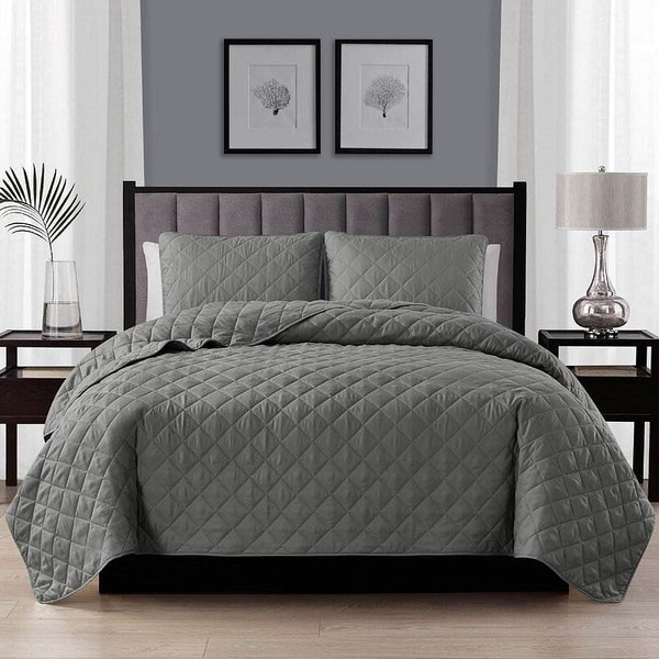 Twin/Twin XL 2-Piece Dark Grey Polyester Microfiber Diamond Quilt Set Q280-TNDG2558