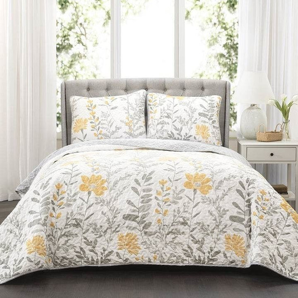 Full/Queen size Yellow Grey Floral Light Thin Cotton Polyester Blend Quilt Set Q280-YEGRLD646422