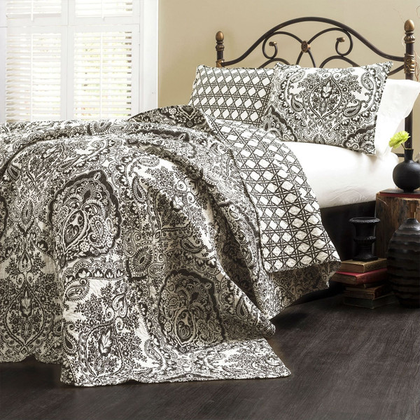 Queen size 3-Piece Quilt Set 100-Percent Cotton in Black White Damask Q280-ATPCS2196815