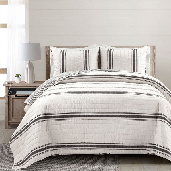 Full/Queen Black Off-White Cream Stripe Reversible Cotton 3-Piece Quilt Set Q280-FQBLK74412