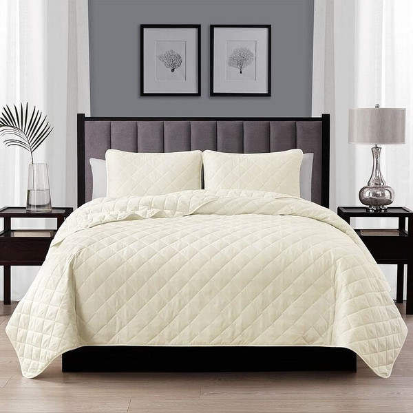 Twin/Twin XL 2-Piece Ivory Microfiber Reversible Diamond Quilt Set Q280-TWIV6541