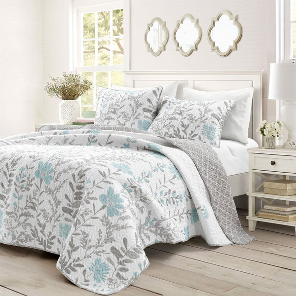 Full/Queen Blue Grey Floral Lightweight Thin Polyester Fabric 3-Piece Quilt Set Q280-BGDFR56778