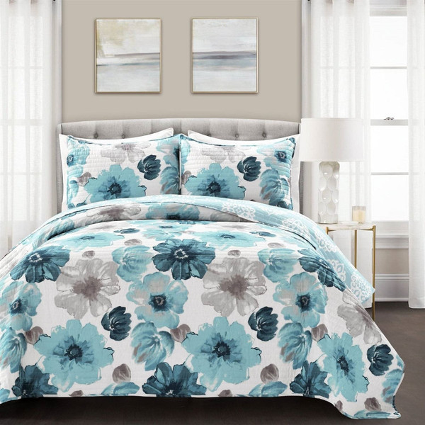 Full/Queen Blue Grey Flowers Lightweight Polyester Microfiber Quilt Set Q280-BGLDQ18844