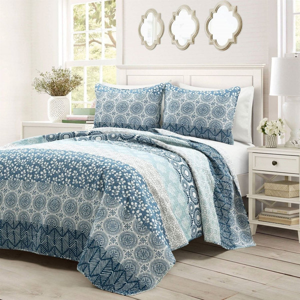 King Size Lightweight 3 Piece Reversible Botanical Blue Damask Quilt Set Q280-NVBLGRK10106