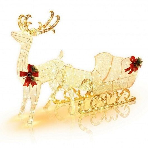 6 Feet Christmas Lighted Reindeer and Santa's Sleigh Decoration with 4 Stakes-Golden - Color: Golden D681-EU10025US