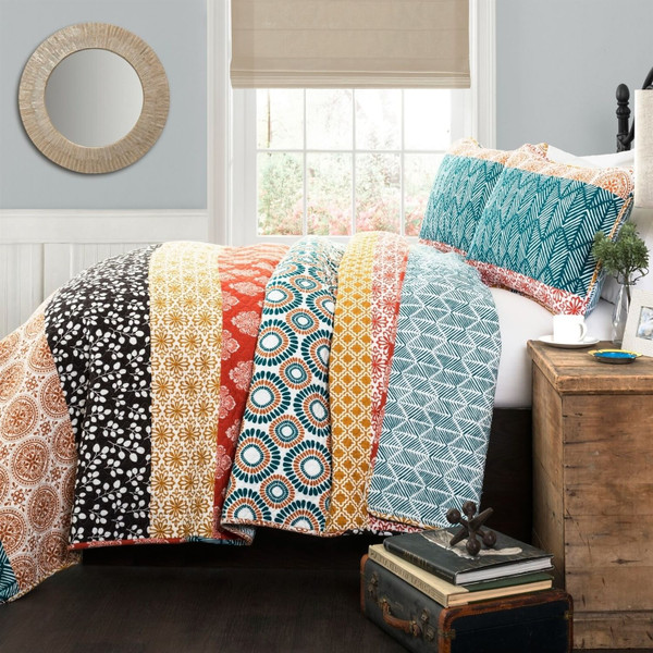 King size Cotton 3 Piece Reversible Teal Orange Bohemian Stripe Quilt Set Q280-KITE9957