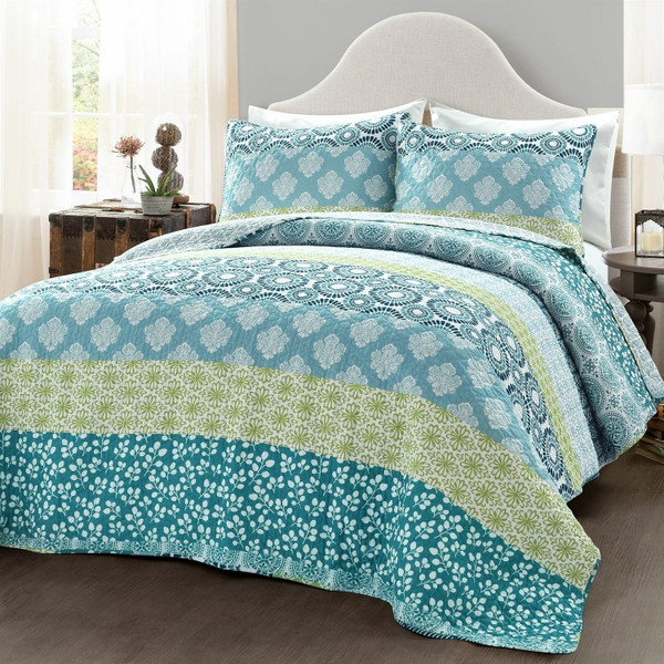 Full/Queen Cotton 3 Piece Reversible Blue White Green Floral Damask Quilt Set Q280-BLBO7956
