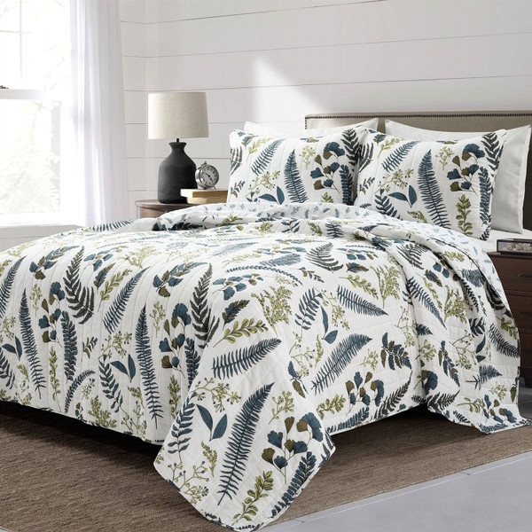 Full/Queen Reversible Cotton Lightweight Floral Fern Leaves 3 Piece Quilt Set Q280-FQKID65887