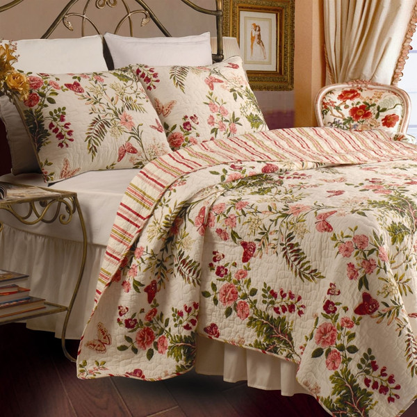 Twin size 100% Cotton Quilt Set with Sham in Pink Floral Butterfly Q280-TBQ4871