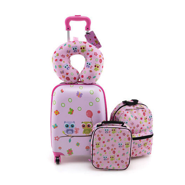 5 Piece Kids Luggage Set with Backpack  Neck Pillow  Name Tag  Lunch Bag-Pink - Color: Pink D681-BN10025ZM